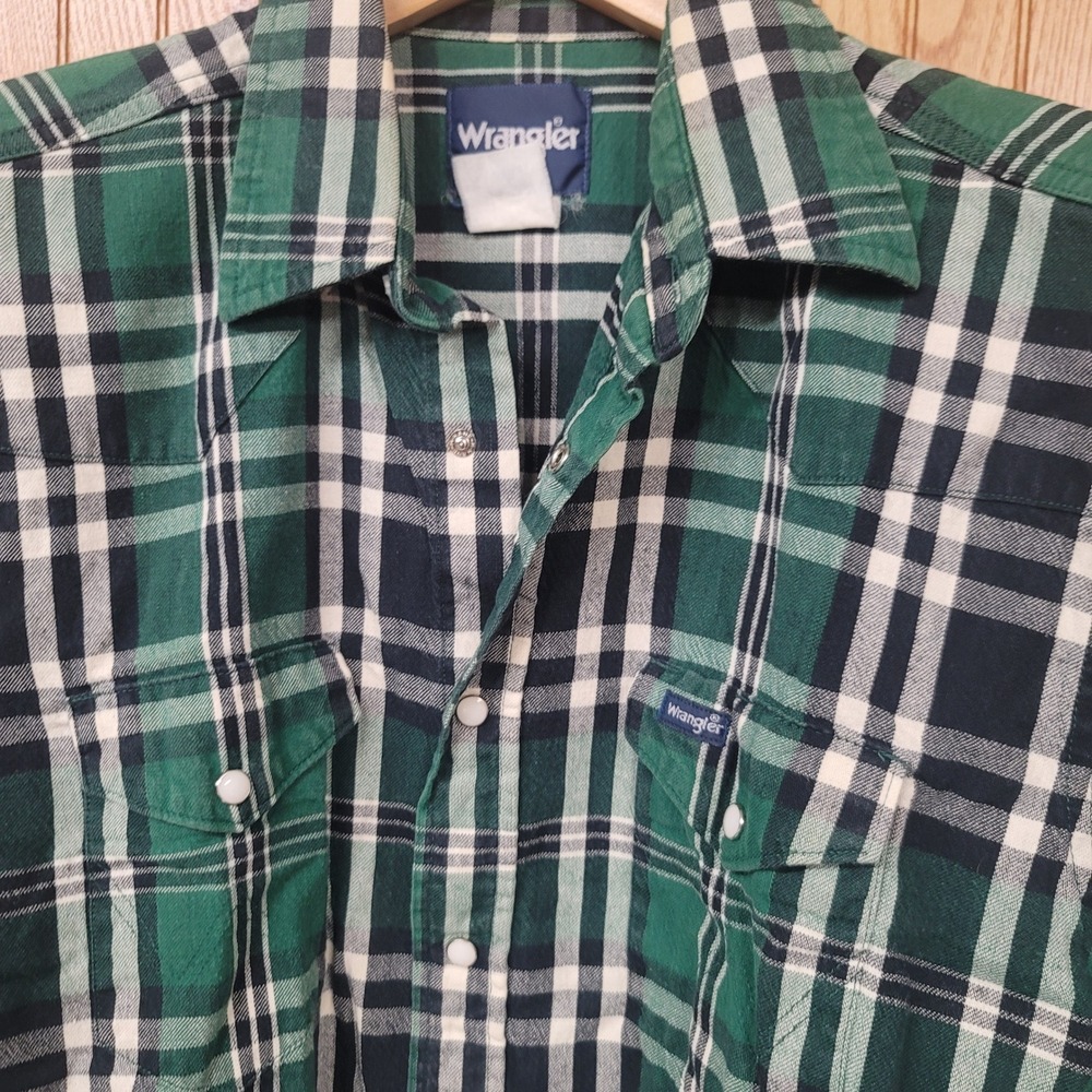 Wrangler Mens M Green Plaid Pearl Snap Western Flannel Shirt Long Sleeve Cowboy